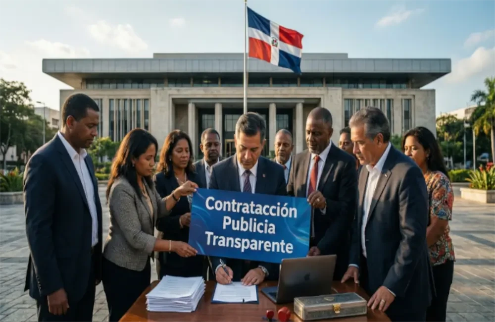 Legal professionals analyzing public procurement documents - Guide to Law 47-25 Dominican Republic